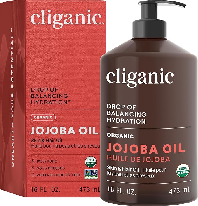 Cliganic Organic Jojoba Oil 16oz with Pump, 100% Pure | Bulk, Moisturizing Oil for Face, Hair, Skin & Nails | Natural Cold Pressed