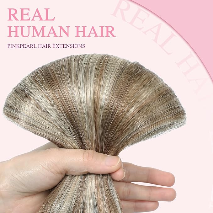 PINKPEARL Clip in Hair Extensions Straight Human Hair #8P60 Ash Brown Highlighted Platinum Blonde Clip in Extensions Remy Real Human Hair Extensions 7pcs 120g 20 Inch(#8P60-20)