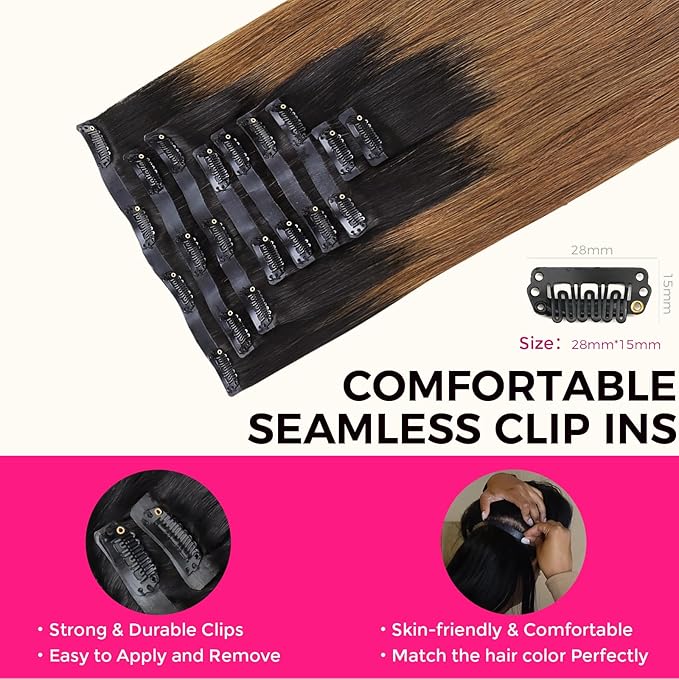 Lashey Seamless Clip in Hair Extensions Human Hair 150g 9pcs 24 Inch Ombre Natural Black to Medium Auburn Straight Clip in Hair Extension for Women PU Weft Hair Extension