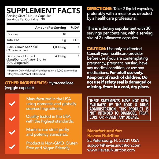 Black Seed Oil Capsules with Ginger Root Extract for Digestive Health & Immune Support - Cold Pressed Black Cumin Seed Oil & Ginger Supplement - 60 Count - Vegan, Non-GMO, Unflavored - 1 Month Supply
