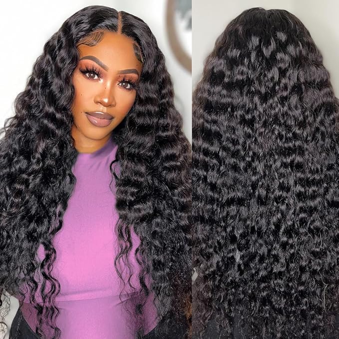 36 Inch 13×6 HD Lace Front Wigs Human Hair Water Wave 200 Density Lace Frontal Wigs Pre Plucked Deep Curly Human Hair Wig for Women Natural Black
