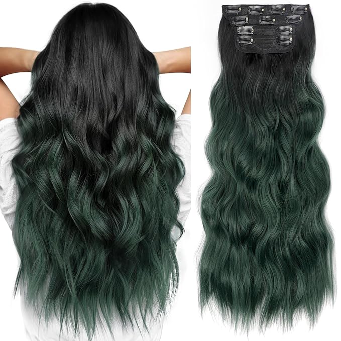 KooKaStyle Clip in Synthetic Hair Extensions Long Wavy 4PCS Thick HairpiecesBlack to Green Ombre Fiber Double Weft Natural Hair Extensions 24 Inch for Women