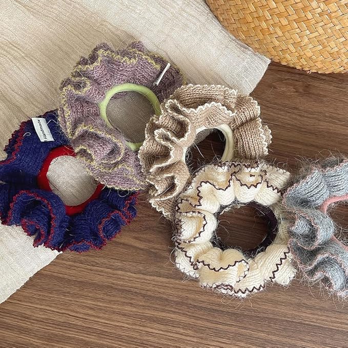 2 Pcs Soft Fabric Scrunchies for Hair,3.9 inch Medium Elastic Hair Ties Ropes Crochet Knit Silky Scrunchie for Women-Blue