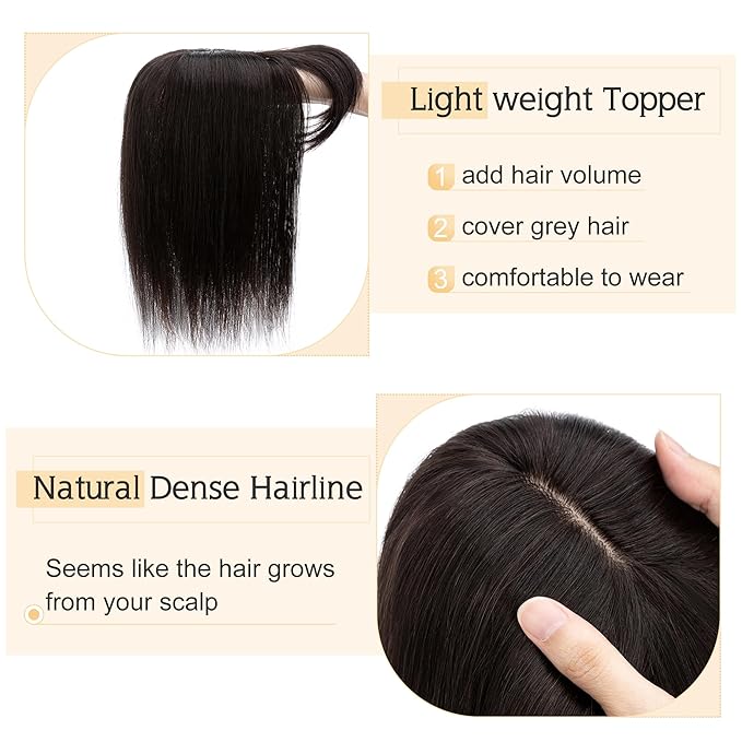 SEGO Hair Toppers for Women Real Human Hair With Bangs, 7 * 13CM Silk Base 100% Remy Human Hair Clip in Top Wiglet Hairpieces Add Volume -6 Inch Natural Black