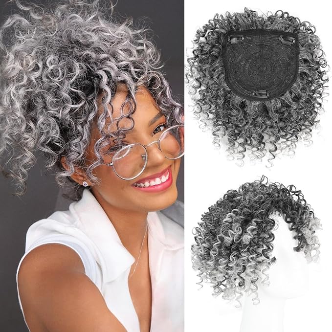 Natural Afro Kinky Curly Short Hair Toppers with Bangs Black Clip in Synthetic Wiglets Hair Pieces for Men and Women with Thinning Hair Instant Volume and Style(1B/Gray)