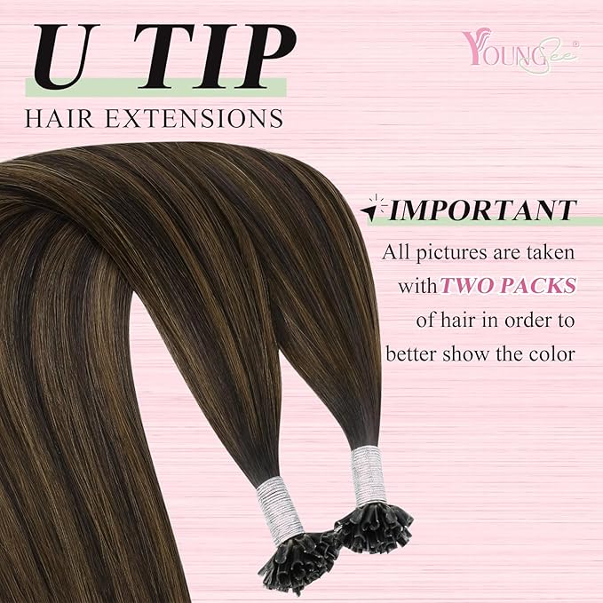 YoungSee Utip Hair Extensions Human Hair Brown Balayage U Tip Human Hair Extensions Ombre Dark Brown to Browns Hot Fusion Hair Extension 22In Ktip Extensions 1G/S 50G for Long Hair