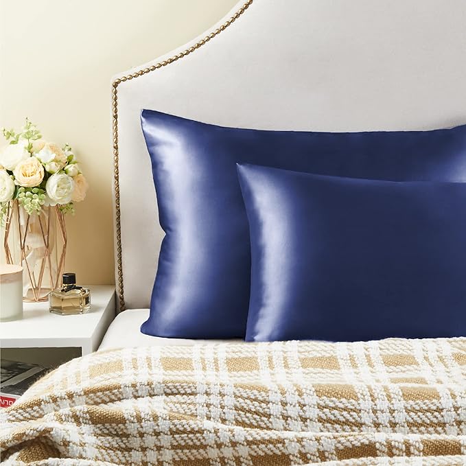 BEDELITE Satin Pillowcase with Zipper, Navy King Size Pillow Cases Set of 2, Super Soft and Cooling Similar to Silk Pillow Cases, Gift for Women Men(20x36 Inches)