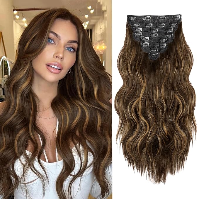 Hair Extensions for Women, 8PCS 20Inch Dark Brown Curly Clip in Hair Extensions Mix Blonde, Synthetic Long Wavy Clip Ins, Full Head Thick Hairpieces for Women