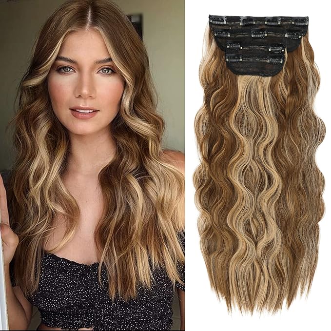 Clip in Hair Extensions, 20 Inch Caramel Brown Mixed Golden Blonde, 4PCS Long Wavy Clip Ins Synthetic Fiber Curly Hair Extensions Full Head Thick Hairpieces