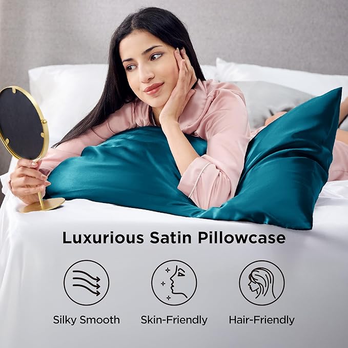 Bedsure King Size Satin Pillowcase Set of 2 - Teal Silky Pillow Cases for Hair and Skin with Envelope Closure, Similar to Silk Pillow Cases, Gifts for Women Men, 20x36 Inches, 2pcs