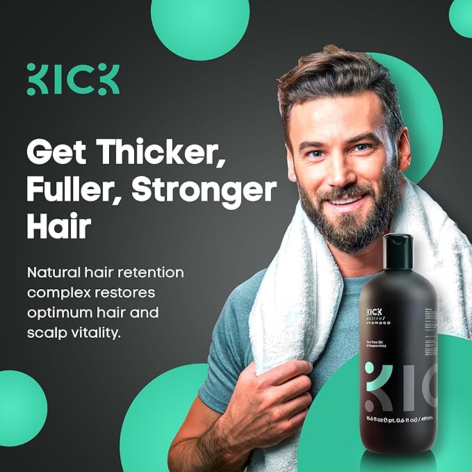 Kick Mens Shampoo - Peppermint & Tea Tree for Oil Control - Sulfate-Free, Refreshing Formula - Anti-Dandruff and Scalp Soothing - Shampoo for Oily Hair - Cruelty-Free - 16.6oz