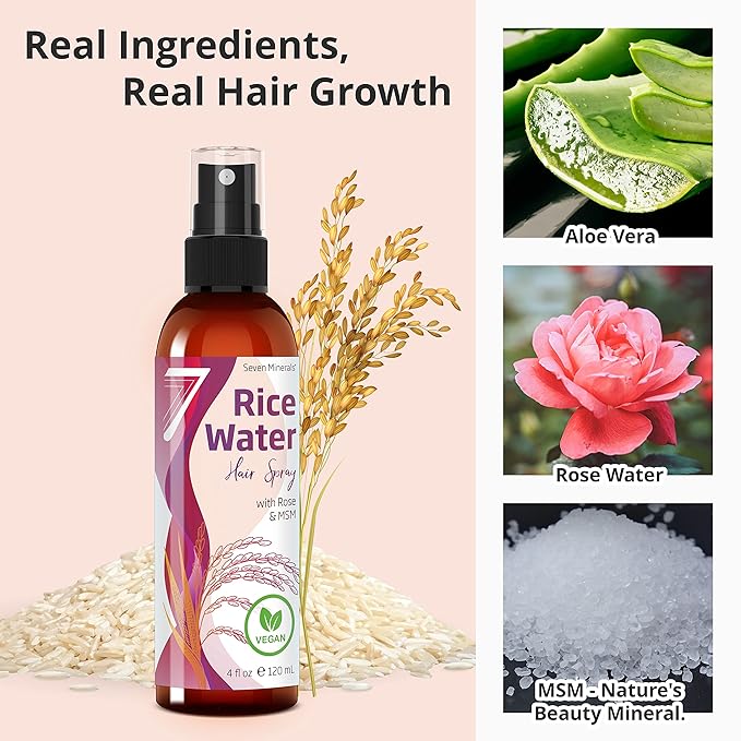 Seven Minerals Rice Water Spray for Hair Growth - Fermented with Rose Water Aloe Vera & MSM - Vegan, Non-Greasy, Light, 4 fl oz