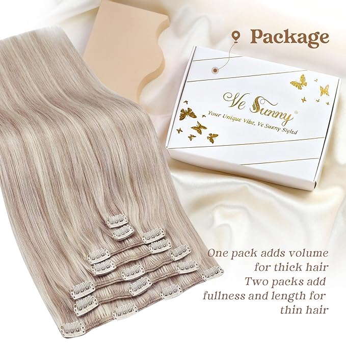 Ve Sunny 18inch Clip in Hair Extensions Real Human Hair Ash Blonde Highlight Bleach Blonde Clip in Human Hair Extensions for Women Soft Thick Straight 120g 7pcs