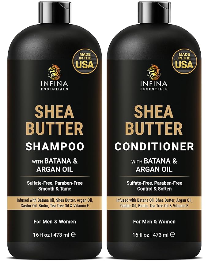 Shea Butter Shampoo & Conditioner Set | 16 fl oz Each | with Batana Oil & Argan Oil | Moisturizing, Strengthening & Frizz Control Formula | Supports Hair Growth & Adds Thickness