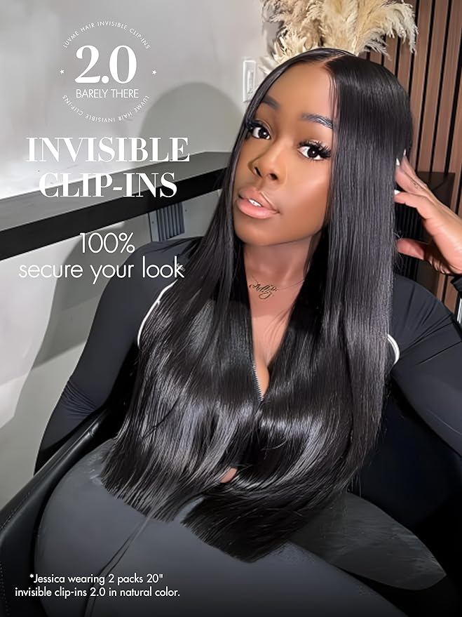 LUVME Invisible Clip in Hair Extensions Silky Straight Real Human Hair, Remy Hair Clip ins for Women, Natural Human Hair, 24 inch 110g 6Pcs, Natural Black