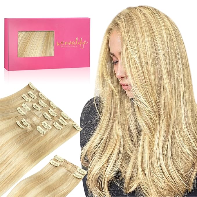 WENNALIFE Clip in Hair Extensions, 150g 22 Inch 9pcs Light Blonde Highlighted Golden Blonde Remy Hair Thicker Double Weft Extensiones De Cabello Humano Con Clip Ins Straight Full Volume