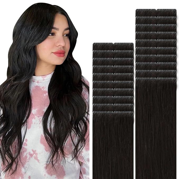 VINBAO Invisi Edge Tape in Hair Extensions Human Hair, Natural Black 55g 20in 20pcs, Pro Virgin Remy Hair Seamless Injected Tape ins Natural Look 20inch #1B