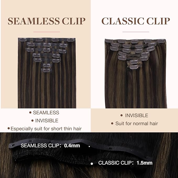 GOO GOO Clip in Hair Extensions Real Human Hair, Remy Human Hair Extensions Clip ins for Women, Natural Human Hair, 12inch 85g 7 Pcs, #2/6 Dark Brown Highlighted Chestnut Brown