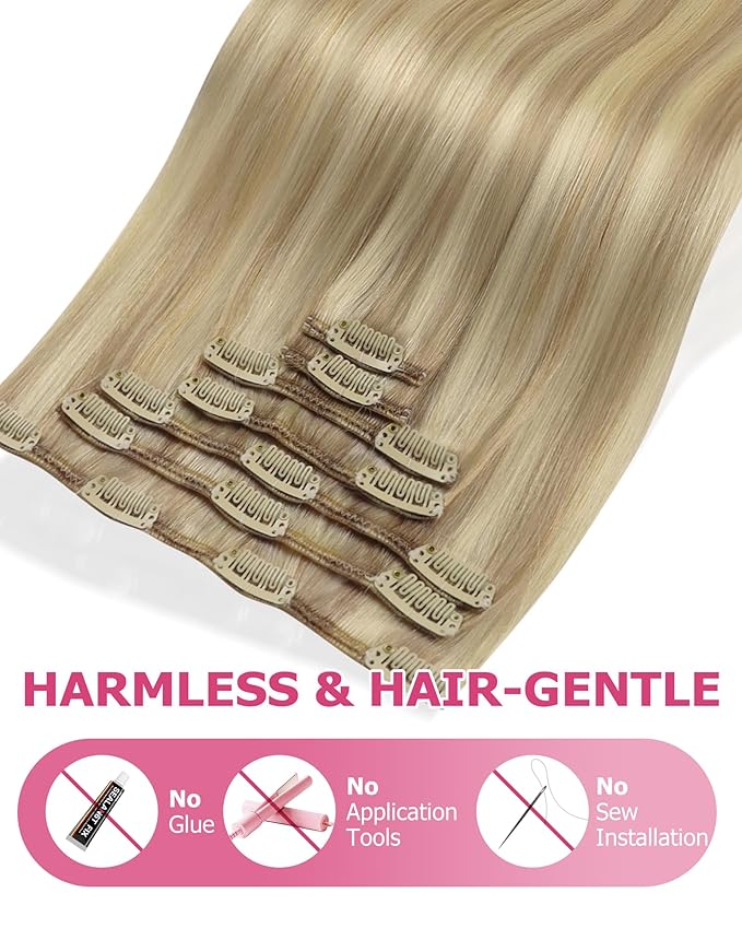 YoungSee Clip in Human Hair Extensions Blonde Clip on Hair Extension for Women Light Blonde Mixed Golden Blond Hair Extension Clip ins for Full Head 7Pcs 20In 120G