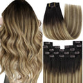 YoungSee 150g Clip in Human Hair Extensions Balayage Clip on Hair Extensions for Women Ombre Human Hair Extension Clip ins Dark Brown Roots to Medium Brown with Blonde Rmey Hair 20in 7pcs