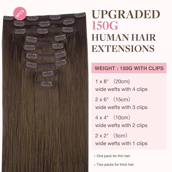 GOO GOO Clip in Hair Extensions Real Human Hair, Remy Human Hair Extensions Clip ins for Women, Natural Human Hair, 22inch 150g 9Pcs, 4A Chocolate Brown
