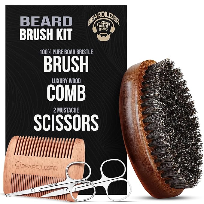 Beardilizer Beard Brush Kit, 100% Pure Boar Bristle Brush, Luxury Wood Comb & 2 Mustache Scissors, Professional Grooming & Care, Beard Accessories for Men