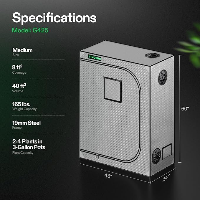 VIVOSUN G425 48"x24"x60" Grow Tent, 4x2 FT Advanced Gray Grow Tent with 19mm Poles, Observation Window and Floor Tray for Hydroponic Plants for VS2000