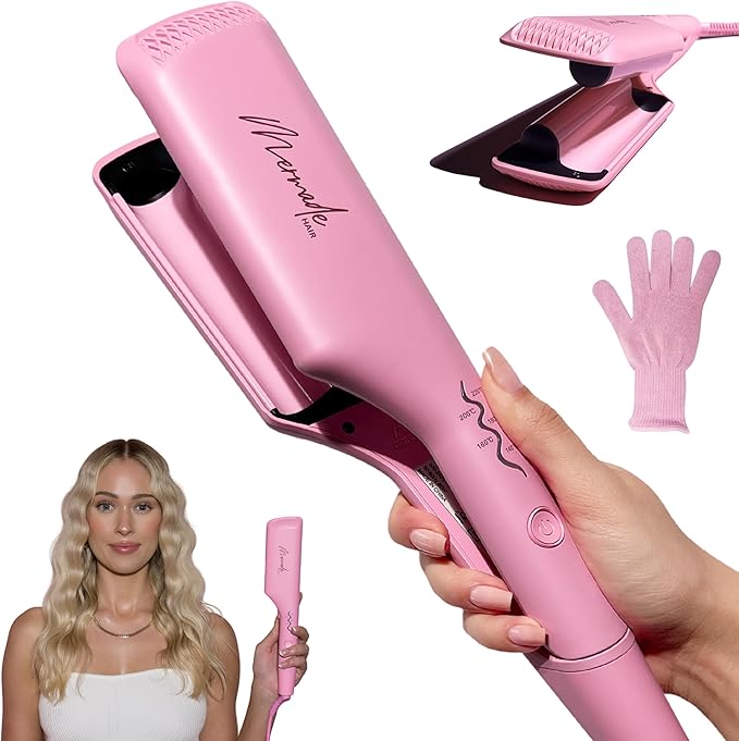 Mermade Hair Deep Hair Waver Tool - Double 1" Barrel Iron for Crimp-Free Beach Waves, Hair Curler for Women, Ionic Ceramic Plates, Reduces Frizz, Suitable for Short, Medium, & Long Hair - Pink