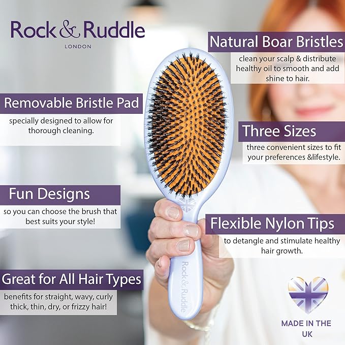 Rock & Ruddle Natural Mixed Boar Bristle Hair Brush for Women and Kids (Large, 21cm) - Perfect for Wet or Dry Hair, Detangling Smoothing Blowdrying - Designed & Made in UK - Cats and Dogs Design