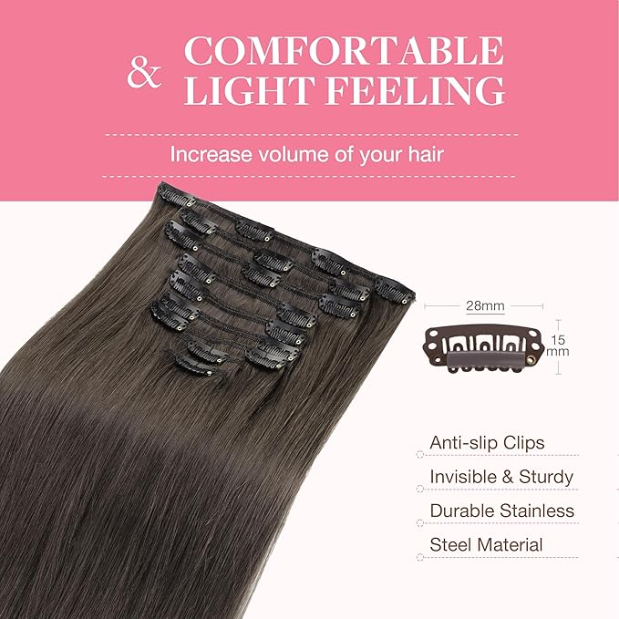 GOO GOO Clip in Hair Extensions Real Human Hair, Remy Human Hair Extensions Clip ins for Women, Natural Human Hair, 22inch 150g 9Pcs, 1C Mocha Brown
