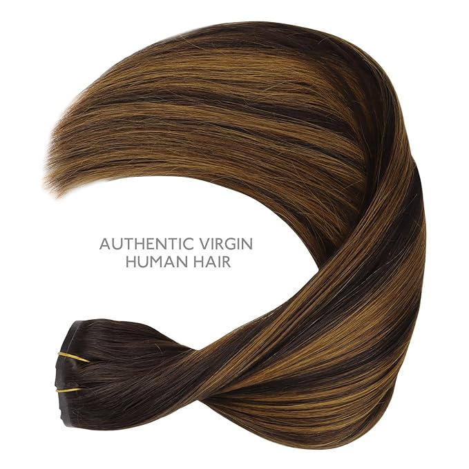 WENNALIFE Seamless Clip In Hair Extensions, 14 Inch 130g 7pcs Balayage Dark Brown to Chestnut Brown Hair Extensions Clip in Human Hair Invisible PU Skin Weft Natural Remy Human Hair Extensions