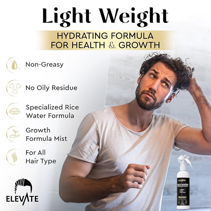 Elevate Rice Water Hair Growth Spray - Infused with Biotin, Caffeine & Aloe Vera for Thicker, Longer, Softer Hair - Fermented Leave In Mist for Thinning, Damaged Hair - Vegan & Non-Greasy