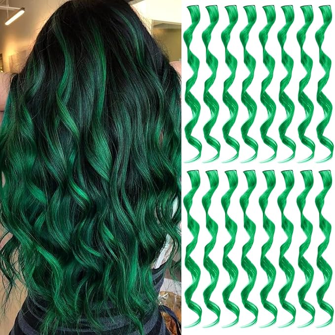 16 Pcs Colored Hair Extensions Curly Wavy Clip in Synthetic Hairpiece Streak for Girls Women Kids, Multi-colors St. Patrick's Day Party Highlights Cosplay Festival Gift(Green)