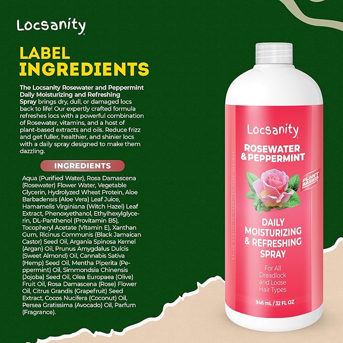 Locsanity Rosewater and Peppermint Daily Moisturizing Spray – Jumbo Size Hydrating Dreadlock Spray to Nourish the Scalp and Protect Hair From Oil and Buildup (32oz)