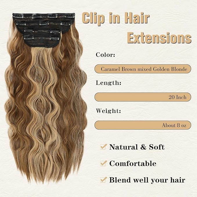 Clip in Hair Extensions, 20 Inch Caramel Brown Mixed Golden Blonde, 4PCS Long Wavy Clip Ins Synthetic Fiber Curly Hair Extensions Full Head Thick Hairpieces