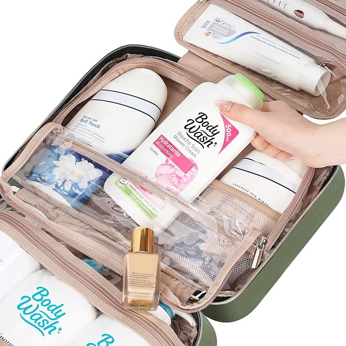 NISHEL Travel Toiletry Bag for women, Portable Hanging Organizer for Family-Sized Shampoo, Conditioner, Brushes Set, Makeup Accessories, Extra Large Size, Green