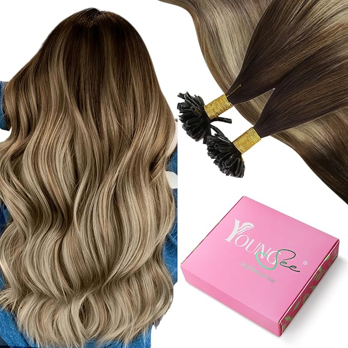 YoungSee Utip Hair Extensions Balayage U Tip Hair Extensions Remy Human Hair Brown Balayage Blonde Straight 18In 50s/50g