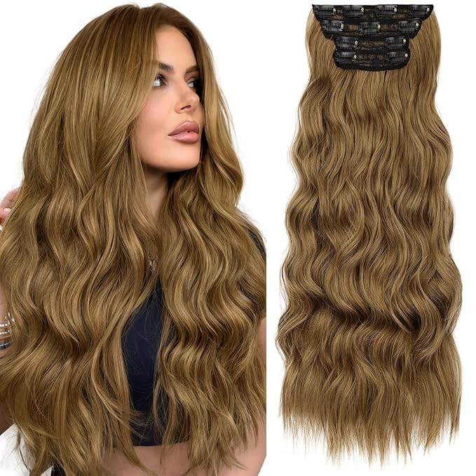 KooKaStyle Clip in Synthetic Hair Extensions Long Wavy 4PCS Thick Hairpieces Brown with Multi - Tone Highlights Fiber Double Weft Natural 24 Inch for Women