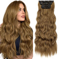 KooKaStyle Clip in Synthetic Hair Extensions Long Wavy 4PCS Thick Hairpieces Brown with Multi - Tone Highlights Fiber Double Weft Natural 24 Inch for Women