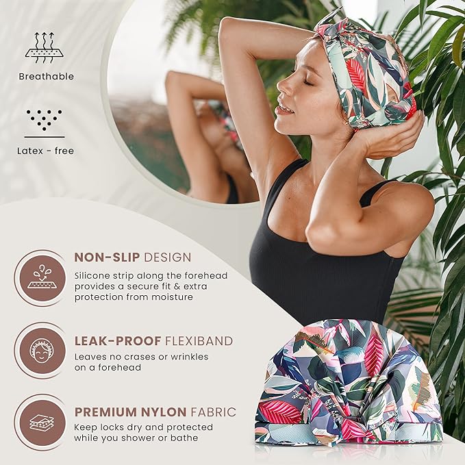 Reusable Shower Cap for Women Reusable Waterproof – Leakproof, Nonslip Hair Cap for Shower Flexiband – Soft, Breathable, Durable Christmas Shower Caps by SMPL OBJECTS (Tropical)