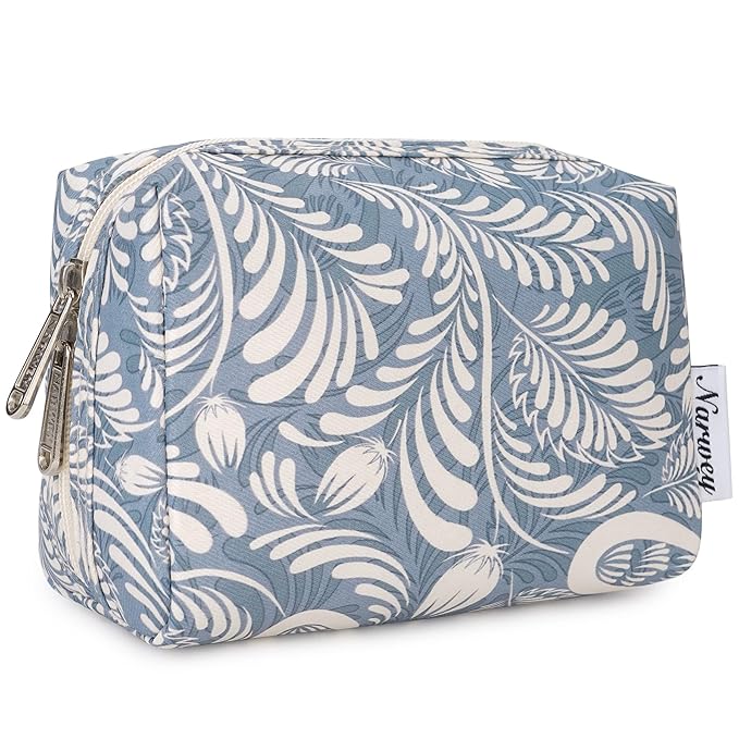 Narwey Small Makeup Bag for Purse Mini Cosmetic Bag Travel Makeup Pouch Zipper Pouch Cute Make up Bags with Compartments for Women Girls (Small, Blue Leaf)