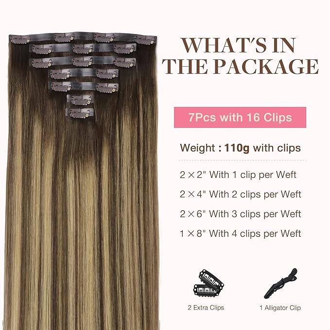 GOO GOO Clip in Hair Extensions Real Human Hair, Remy Human Hair Extensions Clip ins for Women, Natural Human Hair, 24inch 120g 7Pcs, 4/27/4 Balayage Chocolate Brown to Caramel Blonde