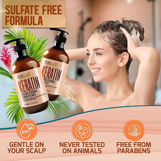 Keratin Shampoo and Conditioner Set - Sulfate and Paraben Free Treatment for Dry Hair - Anti Frizz, Collagen Enriched Formula for Curly or Damaged Hair - Safe for Men and Women with Color Treated Hair
