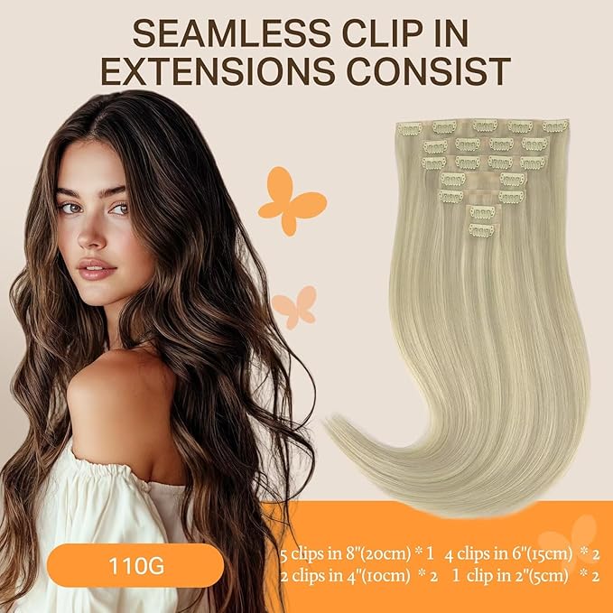 DOORES Seamless Clip-in Hair Extensions, Ash Blonde Highlighted Platinum Blonde 110g 7pcs 20 Inch, Straight Human Hair with Invisi Edge