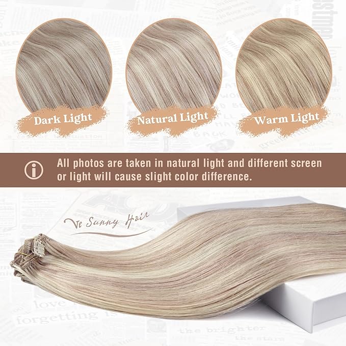 Ve Sunny 18inch Clip in Hair Extensions Real Human Hair Ash Blonde Highlight Bleach Blonde Clip in Human Hair Extensions for Women Soft Thick Straight 120g 7pcs