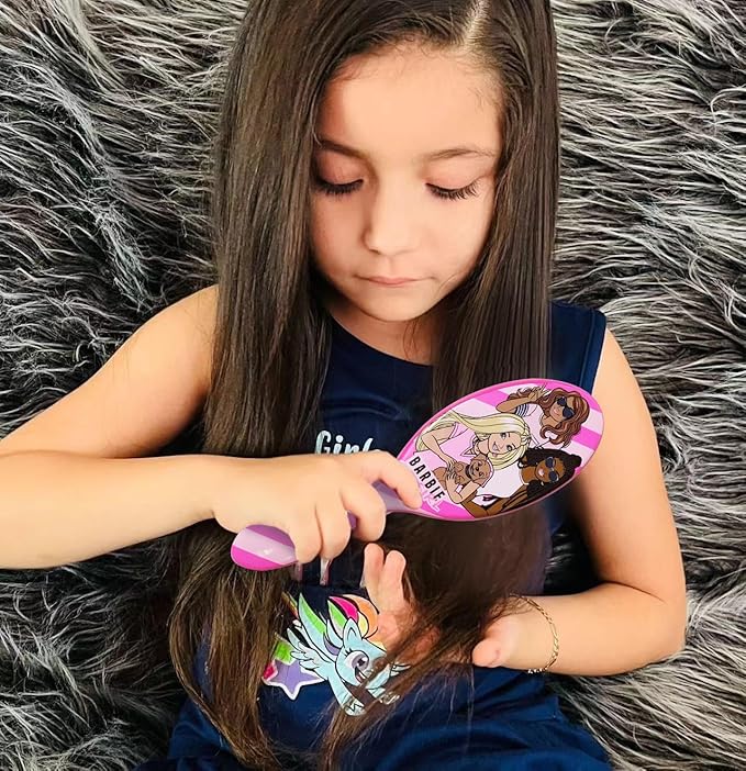 Barbie Hair Accessory 5 Pcs Set - 1 Regular 9 inch Hairbrush & 4 Scrunchies - Detangling Brush Elastic Hair Ties Ropes, Ages 3+