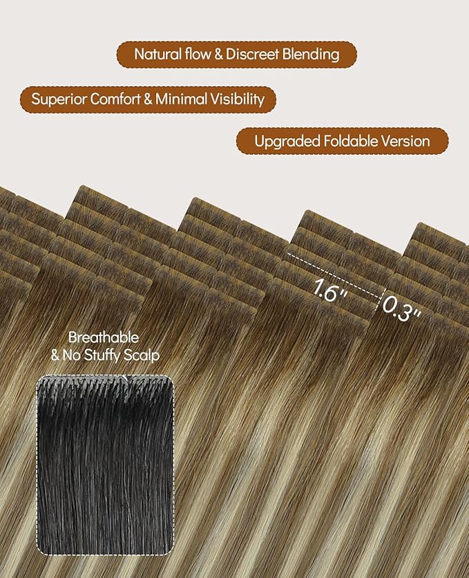 VINBAO Invisible Tape in Extensions Human Hair, 55g 20pcs Balayage Walnut Brown to Ash Brown and Blonde Seamless Injected Tape in Extensions Natural Look 20inch #3/8/22
