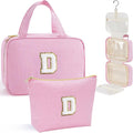 YOOLIFE Travel Toiletry Bag for Women - Hanging Toiletry Bag, Large Capacity Personalized Makeup Pouch, Travel Essentials - Letter D, Pink