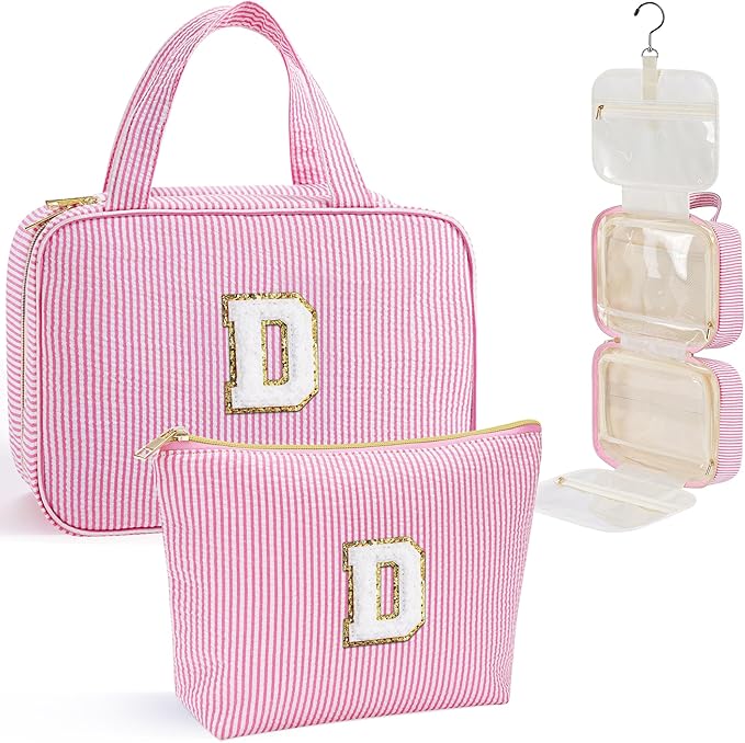 YOOLIFE Travel Toiletry Bag for Women - Hanging Toiletry Bag, Large Capacity Personalized Makeup Pouch, Travel Essentials - Letter D, Pink
