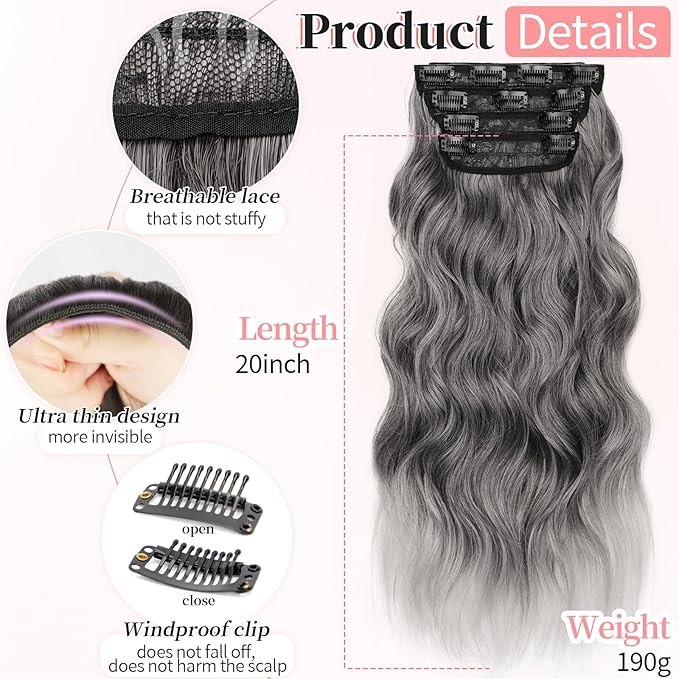 KooKaStyle Clip in Synthetic Hair Extensions Long Wavy 4PCS Thick Hairpieces Grey Sliver Mixed Fiber Double Weft Natural Hair Extensions 20 Inch for Women